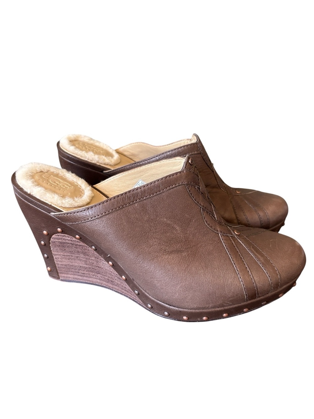 Ugg Abigail Australia 1716 Brown Leather Wedge Slip On Clog Riveted Heel Size 9